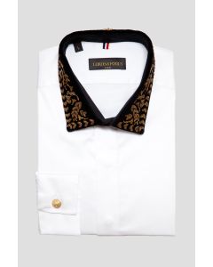 White slim fitted shirt with golden embroidered collar LORD & FOOLS 