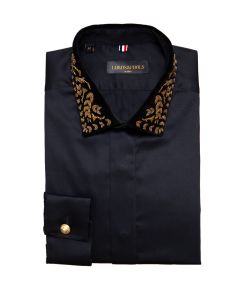 Black slim fitted shirt with a black velvet collar embroidered with a golden metallic thread LORD & FOOLS