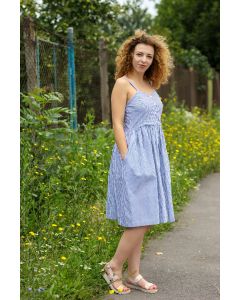 MIDI, STRIPED ,LINEN BLEND DRESS WITH SPAGHETTI STRAPS