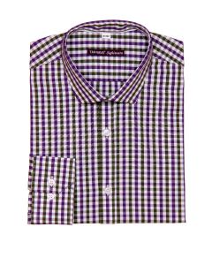 SLIM FITTED, WHITE, PURPLE AND GREEN CHECKS SHIRT WITH LONG SLEEVES