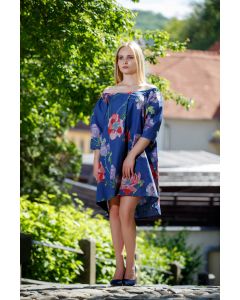BLUE PRINTED FLORAL MOTIFS DRESS WITH FALL OFF SHOULDER