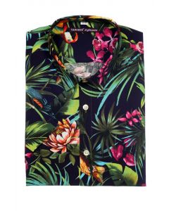 BLACK JUNGLE PRINT, SLIM FIT SHIRT WITH SHORT SLEEVES