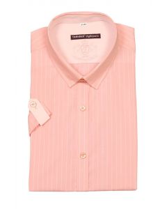 NORMAL FITTED , STRIPED SALMON COLOURED SHIRT, WITH SHORT SLEEVES AND SLEEVE BELT
