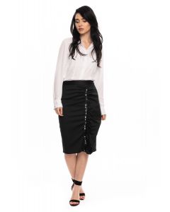 BLACK PENCIL SKIRT, WITH WRINKLED RUFFLE AND SEQUINS