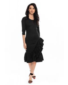 BLACK MIDI DRESS WITH RUFFLES AND 3/4 SLEEVES