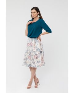 WHITE A-LINE MIDI SKIRT, WITH FLORAL PRINT