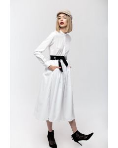 WHITE COTTON DRESS WITH LONG SLEEVES, TWO POCKETS AND MANDARIN COLLAR 