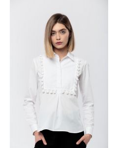 WHITE COTTON BLOUSE WITH BIB AND LACE ORNAMENT