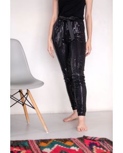 BLACK STRETCH JERSEY PANTS, WITH SEQUINS