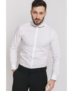 WHITE, SLIM FITTED SHIRT WITH BLACK ORNAMENTAL BAND AT THE COLLAR
