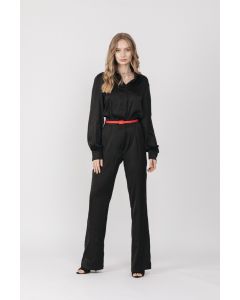 BLACK SATIN STRETCH JUMPSUIT WITH RED BELT
