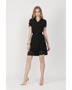 SHORT BLACK FLARED SKIRT, MADE IN A LASER PERFORATED FABRIC