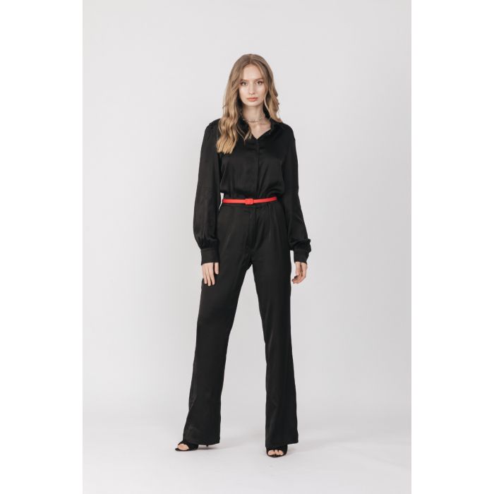 BLACK SATIN STRETCH JUMPSUIT WITH RED BELT